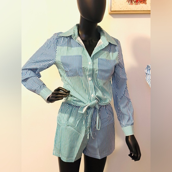 GREEN/BLUE COLORBLOCK STRIPED PRINT SHIRT DRAWSTRING SHORTS SET - Picture 11 of 11